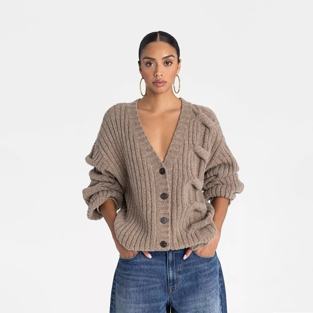 KBB KAHLANA Target Women 2X Plus‎ / 2XL The Cable Mix Cardi Tan Cardigan Sweater - Picture 6 of 9